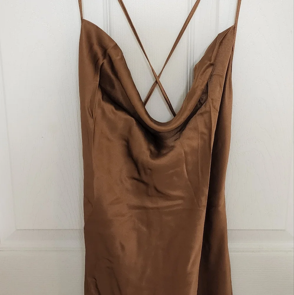 Silk Maison Lounge Cowl Neck Midi 100% Mulberry Silk Slip Dress XS Mocha Mousse - Picture 8 of 9